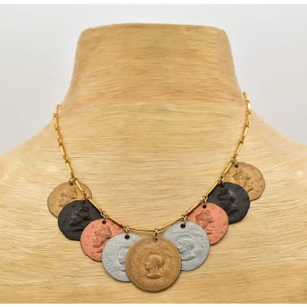 Vintage Coin Collar Necklace Multi-Tone Metal Dangle Silver Copper Gold BinA17